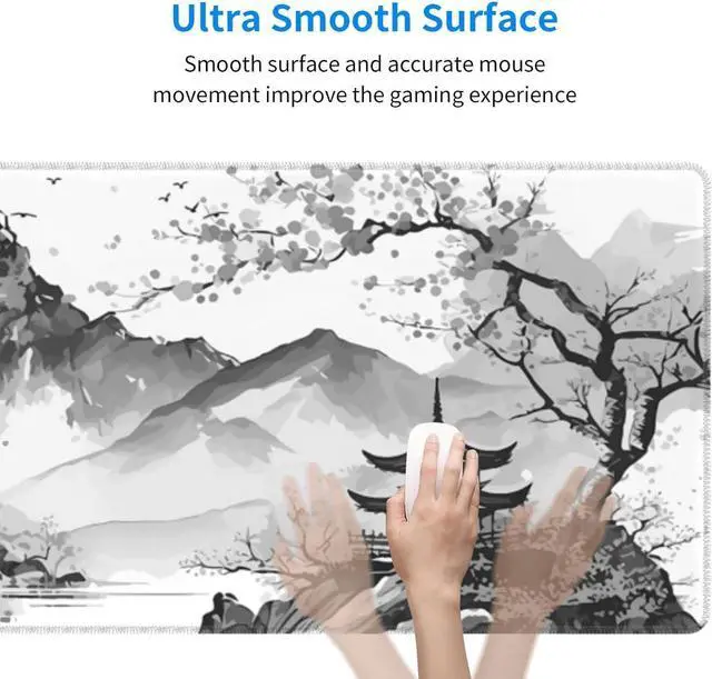Alt view image 12 of 14 - Black and White Japanese Watercolor Cherry Blossom Sakura Gaming Mouse Pad XL Extended Keyboard Mouse Mat Desk Pad with Non-Slip Rubber Base Stitched Edges for Office Home Game 31.5 X 11.8 Inch