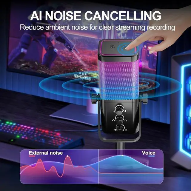 Alt view image 11 of 14 - USB Gaming Microphone with Game Chat Balance, RGB Condenser Mic with Noise Cancellation, Quick Mute & Monitoring, for Streaming/Discord/Twitch/Podcast/Videos/ASMR, for PC/Computer/PS4/PS5/Mac