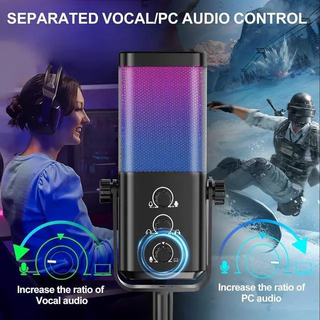 Alt view image 10 of 14 - USB Gaming Microphone with Game Chat Balance, RGB Condenser Mic with Noise Cancellation, Quick Mute & Monitoring, for Streaming/Discord/Twitch/Podcast/Videos/ASMR, for PC/Computer/PS4/PS5/Mac