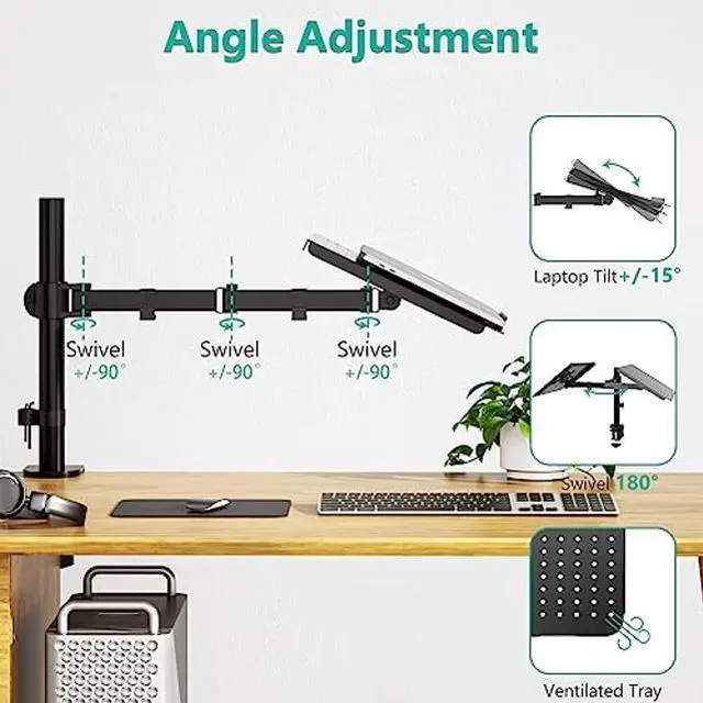 Alt view image 10 of 10 - WALI Laptop Tray Desk Mount for 1 Laptop Notebook up to 17 inch, Fully Adjustable, 22 lbs Capacity with Vented Cooling Platform Stand (M00LP)