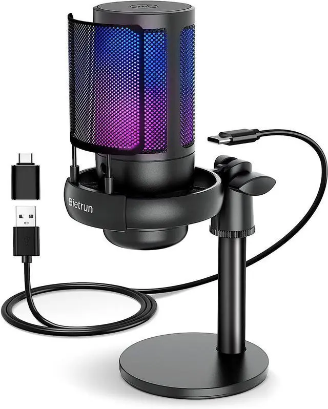 Alt view image 8 of 14 - USB Microphone for PC, Gaming Mic for PC/PS4/ PS5/Desktop, with Mute, Plug & Play, RGB Light, Pop Filter & Monitoring Jack, for YouTube, Zoom, Recording
