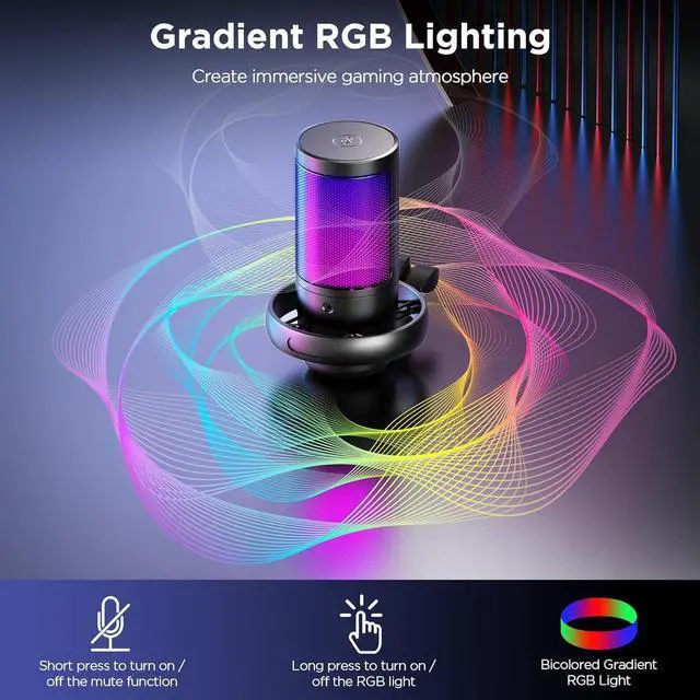 Alt view image 11 of 14 - USB Microphone for PC, Gaming Mic for PC/PS4/ PS5/Desktop, with Mute, Plug & Play, RGB Light, Pop Filter & Monitoring Jack, for YouTube, Zoom, Recording