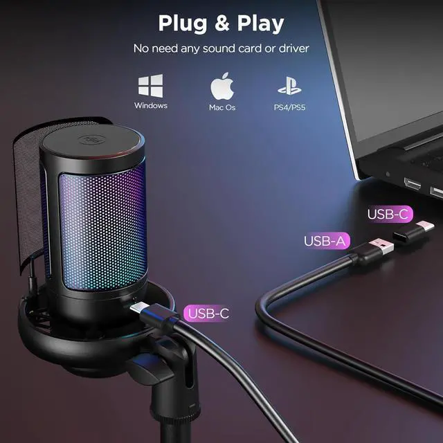 Alt view image 13 of 14 - USB Microphone for PC, Gaming Mic for PC/PS4/ PS5/Desktop, with Mute, Plug & Play, RGB Light, Pop Filter & Monitoring Jack, for YouTube, Zoom, Recording