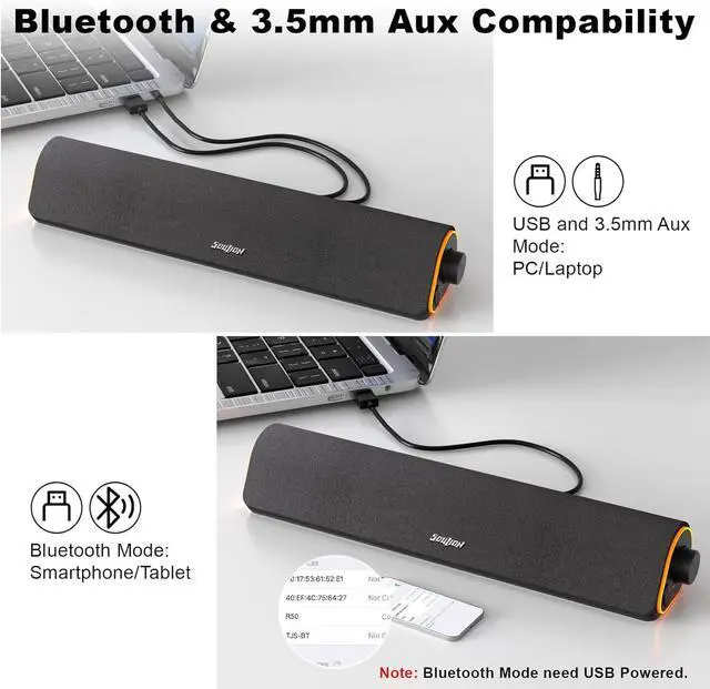 Alt view image 11 of 14 - SOULION R50 Bluetooth Computer Speakers, 3.5mm PC Sound Bar for Desktop Monitor, Wired USB Powered & Colorful LED Lights with Switch Button, Stereo Surround Sound Soundbar for Computer Laptop