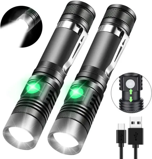 Alt view image 8 of 14 - Rechargeable Flashlight Pocket-Sized Torch with Super Bright 1200 Lumens T6 LED Water Resistant Zoomable LED Tactical Flashlights with Clip 4 Modes for Camping Hiking and Emergency(2 Pack)