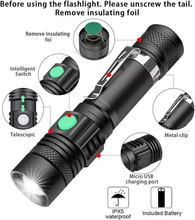 Alt view image 13 of 14 - Rechargeable Flashlight Pocket-Sized Torch with Super Bright 1200 Lumens T6 LED Water Resistant Zoomable LED Tactical Flashlights with Clip 4 Modes for Camping Hiking and Emergency(2 Pack)