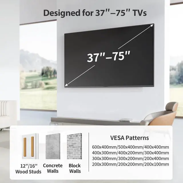 Alt view image 11 of 14 - Pipishell Full Motion TV Wall Mount for Most 37-75 inch TVs up to 100 lbs, Wall Mount Bracket with Dual Articulating Arms, Swivel, Tilt, Max VESA 600x400mm, TV Mount Fits 12/16 Wood Studs, PILF6