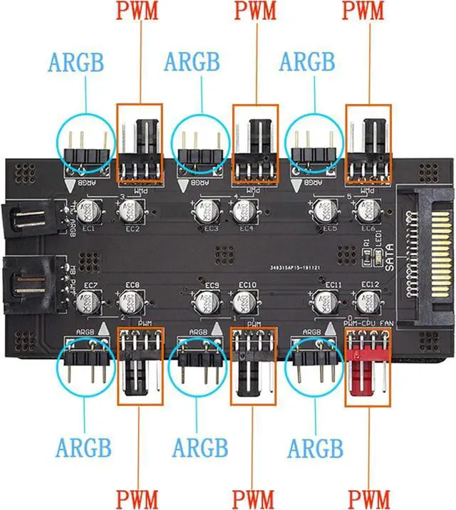 Alt view image 9 of 14 - 12V 4Pin PWM & 5V 3Pin ARGB with SATA 15Pin Power 2-in-1 Hub 6 Way Sync CPU Cooling Fan Addressable RGB Lighting PCB Splitter for Extended Motherboard Interface -Black