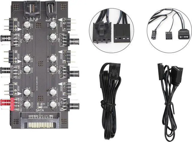 Alt view image 14 of 14 - 12V 4Pin PWM & 5V 3Pin ARGB with SATA 15Pin Power 2-in-1 Hub 6 Way Sync CPU Cooling Fan Addressable RGB Lighting PCB Splitter for Extended Motherboard Interface -Black
