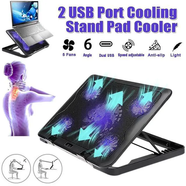 Alt view image 6 of 10 - Laptop Cooler 2 USB Ports And 5 Cooling Fans LED USB Laptop Cooling Pad Notebook Stand for Laptop PC 7-17inch