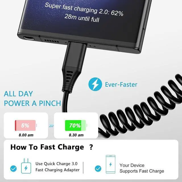 Alt view image 9 of 14 - Android Auto Charger Type C Coiled USB C Cable for Car Samsung Charger Fast Charging Cord 6FT 2Pack for Samsung Galaxy A14 5G A54 S23 S22 S21 S20 S10 S9 S8 A53 A23 A13 A03S A32 Z Flip 5 4 Z Fold 5 4