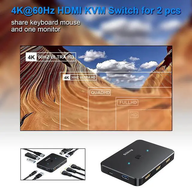 Alt view image 11 of 14 - 4K@60Hz HDMI KVM Switch USB Selector for 2 Computers Share one Monitor and 4 USB 3.0 Ports, Keyboard Mouse Printer, External Hard Drives, 2 USB Cable and 2 HDMI Cable Included