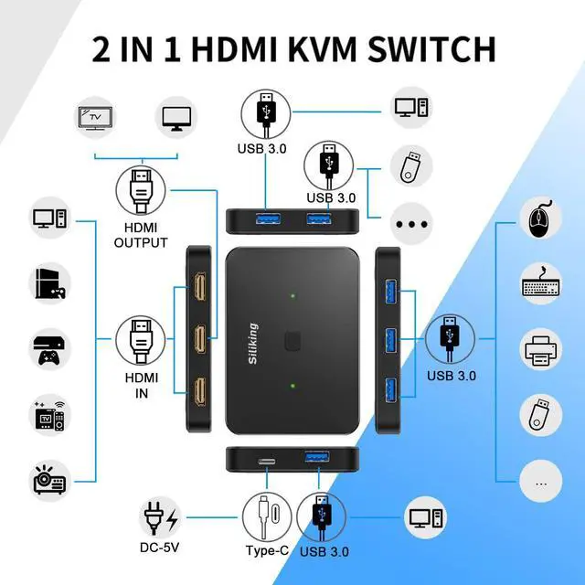 Alt view image 10 of 14 - 4K@60Hz HDMI KVM Switch USB Selector for 2 Computers Share one Monitor and 4 USB 3.0 Ports, Keyboard Mouse Printer, External Hard Drives, 2 USB Cable and 2 HDMI Cable Included