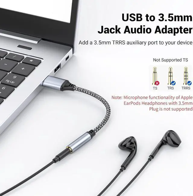 Alt view image 10 of 12 - USB to 3.5mm Jack Audio Adapter USB to Audio Aux Cable External Stereo Sound Card USB to 3.5mm TRRS Female Headset for PS4/PS5/Headphone/Mac/Linux/Laptop/Desktops/Docking Station