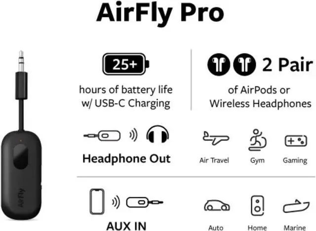 Alt view image 10 of 14 - Twelve South AirFly Pro Bluetooth Wireless Audio Transmitter/Receiver for up to 2 AirPods/Wireless Headphones; Use with Any 3.5 mm Audio Jack, Black