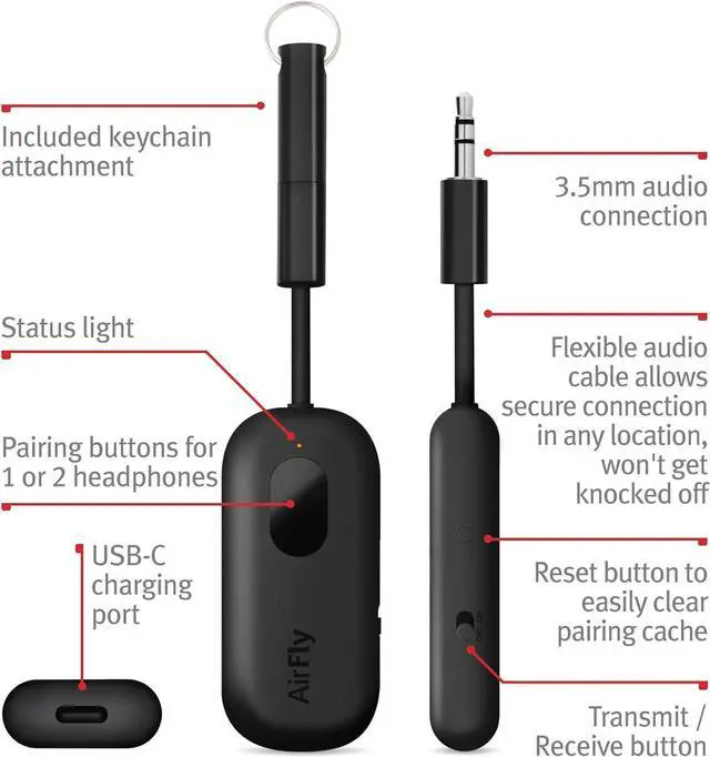 Alt view image 11 of 14 - Twelve South AirFly Pro Bluetooth Wireless Audio Transmitter/Receiver for up to 2 AirPods/Wireless Headphones; Use with Any 3.5 mm Audio Jack, Black