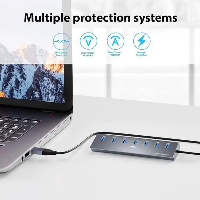 Alt view image 8 of 8 - 7 USB Hub 3.0 Built in USB A & USB C to USB Adapter with Multiple USB Port for PC, Mac, MacBook Pro, iMac & Desktop - Aluminium Alloy High-Speed Extra USB Port & Computer USB Hub (7 PORTS)
