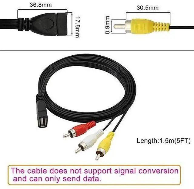Alt view image 8 of 10 - USB to RCA Cable,USB A 2.0 Female to 3 RCA Male Jack Splitter Audio Video AV Composite Adapter Cable for TV/PC -5FT (USB 2.0 Female to RCA Male)