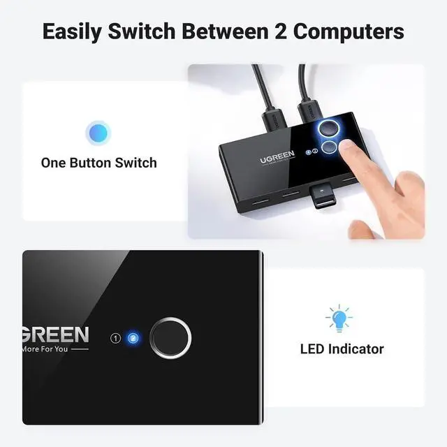 Alt view image 12 of 14 - UGREEN USB 3.0 Switch Selector 2 Computers Share 4 USB 3.0 Ports KVM Switcher USB for PC Laptop Keyboard Mouse Printer Scanner One Button Switch Adapter with 2 Pack USB 3.0 Cables