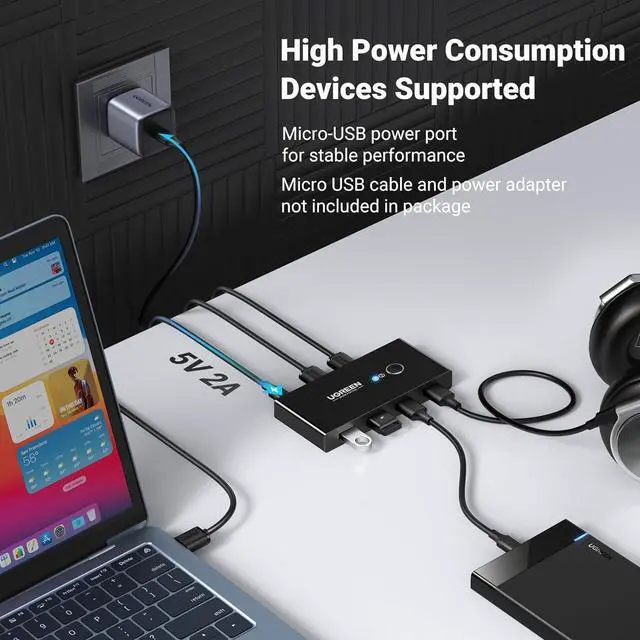 Alt view image 13 of 14 - UGREEN USB 3.0 Switch Selector 2 Computers Share 4 USB 3.0 Ports KVM Switcher USB for PC Laptop Keyboard Mouse Printer Scanner One Button Switch Adapter with 2 Pack USB 3.0 Cables