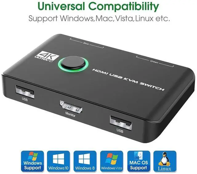 Alt view image 12 of 14 - 4K KVM Switch HDMI 2 Port Box, USB HDMI Switches for 2 Computers Share Keyboard Mouse Printer and one HD Monitor, Support UHD 4K@60Hz, with 2 USB Cables and 2 HDMI Cables