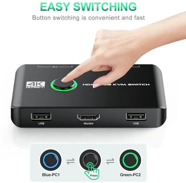 Alt view image 14 of 14 - 4K KVM Switch HDMI 2 Port Box, USB HDMI Switches for 2 Computers Share Keyboard Mouse Printer and one HD Monitor, Support UHD 4K@60Hz, with 2 USB Cables and 2 HDMI Cables