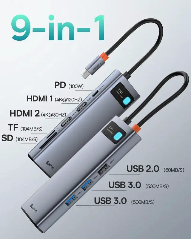 Alt view image 7 of 10 - Baseus 9 in 1 Laptop Docking Station and Baseus USB Type C Cable for Car, Retractable Cable(3FT) Curly USB A to USB-C Fast Charger Cord