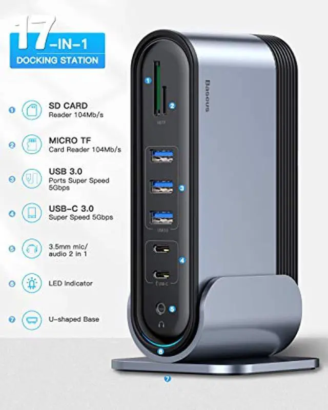 Alt view image 3 of 5 - Baseus 17-in-1 USB C Docking Station to Cast on 3 Monitors, 4K USB C Dock Laptop Docking Station with 100W PD USB-C Port, 4K HDMI*3, USB 3.0*5, LAN, SD/TF Cards Reader, Audio Port f (CAHUB-A/B/C/DG0G)