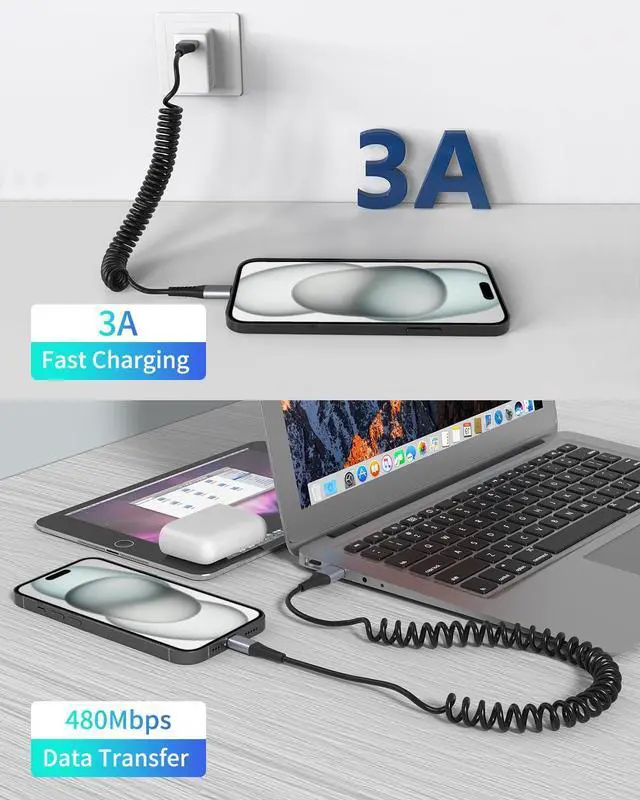 Alt view image 10 of 14 - Coiled USB C Cable, 2 Pack USB to USB C Coiled Cable for Car Short USB C Retractable Cable for iPhone 15 Pro Max, Samsung Galaxy S23 S22, Moto G8, Google Pixel, USB C Carplay Cord for Android Auto
