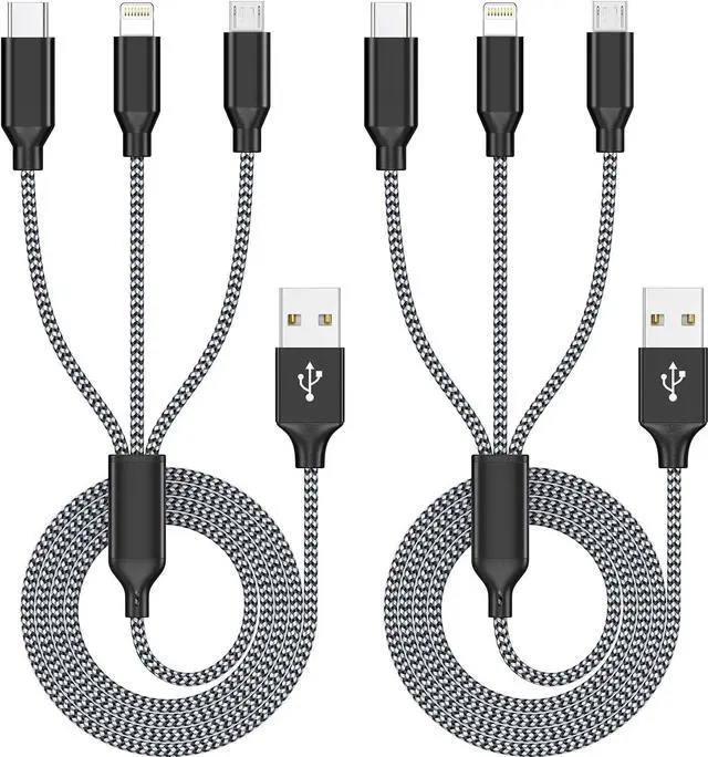 Alt view image 8 of 14 - Multi Charging Cord 4FT Multiple Charger Cable 4ft 2Pack Fast 3 in 1 Nylon Braided MFi Certified USB Type C Micro Lightning Connectors for Cell Phones and More Black Grey