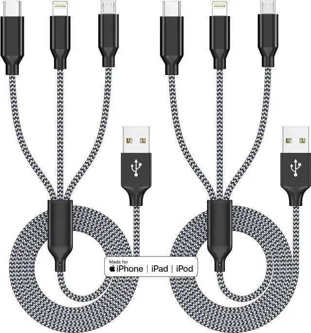 Alt view image 9 of 14 - Multi Charging Cord 4FT Multiple Charger Cable 4ft 2Pack Fast 3 in 1 Nylon Braided MFi Certified USB Type C Micro Lightning Connectors for Cell Phones and More Black Grey
