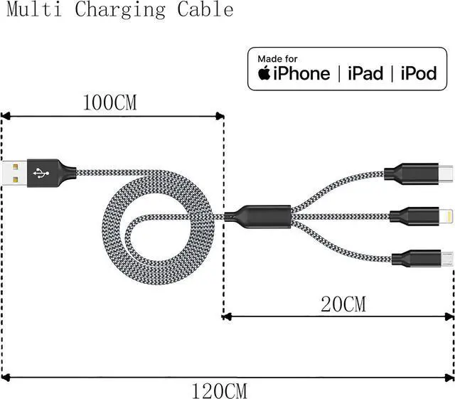 Alt view image 10 of 14 - Multi Charging Cord 4FT Multiple Charger Cable 4ft 2Pack Fast 3 in 1 Nylon Braided MFi Certified USB Type C Micro Lightning Connectors for Cell Phones and More Black Grey