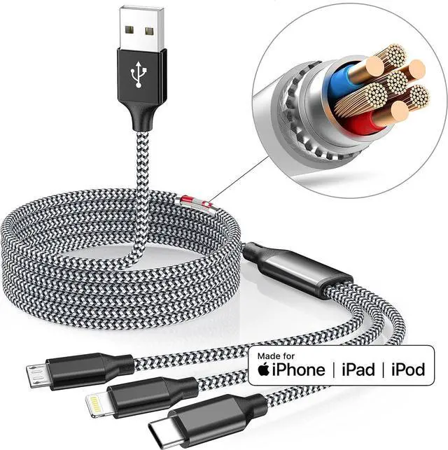 Alt view image 13 of 14 - Multi Charging Cord 4FT Multiple Charger Cable 4ft 2Pack Fast 3 in 1 Nylon Braided MFi Certified USB Type C Micro Lightning Connectors for Cell Phones and More Black Grey