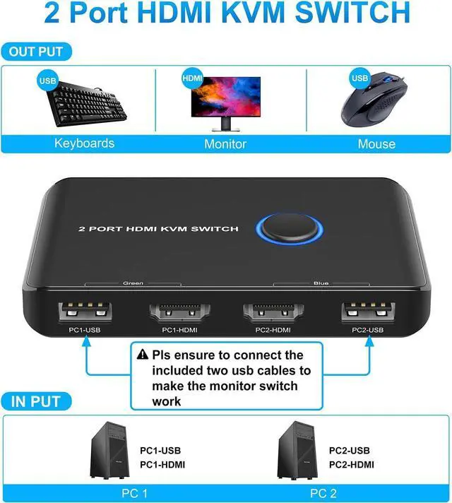 Alt view image 8 of 12 - KVM Switch HDMI 2 Port Box,ABLEWE USB and HDMI Switch for 2 Computers Share Keyboard Mouse Printer and one HD Monitor,Support UHD 4K@60Hz,with 2 USB Cable and 2 HDMI Cable
