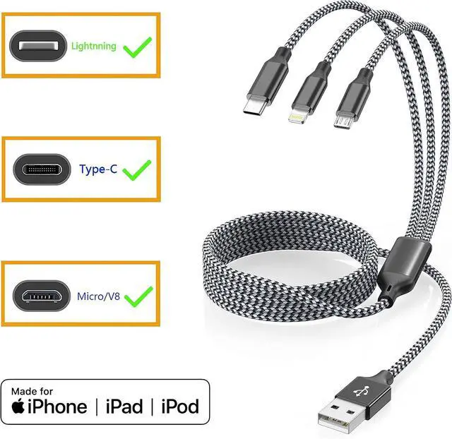 Alt view image 14 of 14 - Multi Charging Cord 4FT Multiple Charger Cable 4ft 2Pack Fast 3 in 1 Nylon Braided MFi Certified USB Type C Micro Lightning Connectors for Cell Phones and More Black Grey