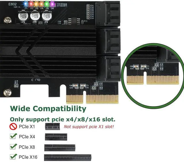 Alt view image 7 of 10 - ASM1166 PCIe X4 SATA Card 6 Ports, Non Raid, Joylifeboard PCIE SATA III Controller Expansion Card 6 Gbps, Support 6 SATA 3.0 Devices, PCIe SATA Card with 6 SATA Cables+Thin Bracket