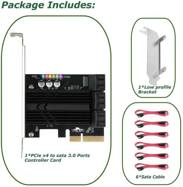 Alt view image 10 of 10 - ASM1166 PCIe X4 SATA Card 6 Ports, Non Raid, Joylifeboard PCIE SATA III Controller Expansion Card 6 Gbps, Support 6 SATA 3.0 Devices, PCIe SATA Card with 6 SATA Cables+Thin Bracket