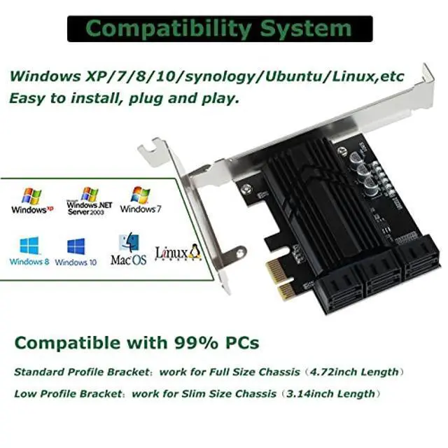 Alt view image 7 of 10 - ASM1166 PCIe X1 SATA Card 6 Ports, Non Raid, Joylifeboard PCIE SATA III Controller Expansion Card 6 Gbps, Support 6 SATA 3.0 Devices, PCIe SATA Card with 6 SATA Cables+Thin Bracket