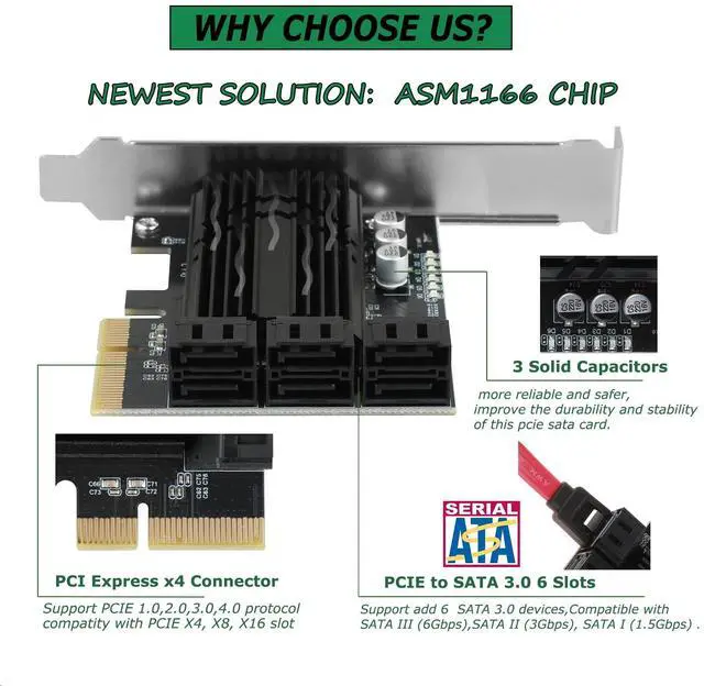 Alt view image 8 of 10 - ASM1166 PCIe X4 SATA Card 6 Ports, Non Raid, Joylifeboard PCIE SATA III Controller Expansion Card 6 Gbps, Support 6 SATA 3.0 Devices, PCIe SATA Card with 6 SATA Cables+Thin Bracket