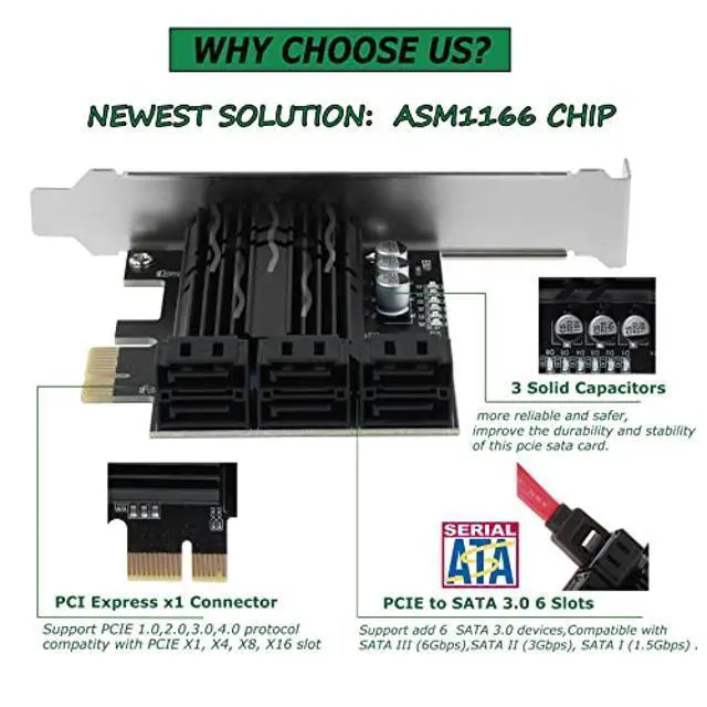 Alt view image 8 of 10 - ASM1166 PCIe X1 SATA Card 6 Ports, Non Raid, Joylifeboard PCIE SATA III Controller Expansion Card 6 Gbps, Support 6 SATA 3.0 Devices, PCIe SATA Card with 6 SATA Cables+Thin Bracket