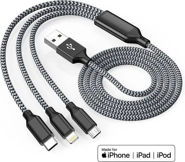Alt view image 11 of 14 - Multi Charging Cord 4FT Multiple Charger Cable 4ft 2Pack Fast 3 in 1 Nylon Braided MFi Certified USB Type C Micro Lightning Connectors for Cell Phones and More Black Grey