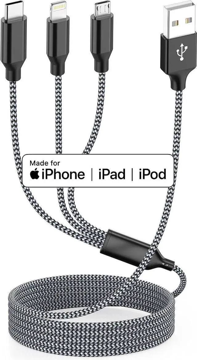 Alt view image 12 of 14 - Multi Charging Cord 4FT Multiple Charger Cable 4ft 2Pack Fast 3 in 1 Nylon Braided MFi Certified USB Type C Micro Lightning Connectors for Cell Phones and More Black Grey