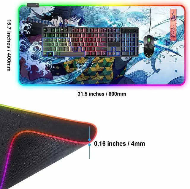 Alt view image 10 of 14 - RGB Large Gaming Mouse Pad Anime Giyu Sword Laptop Desk Pad Mousepad with Stitched Edge Frame & Non-Slip Rubber Base Computer Keyboard and Mice Pads Mouse Mat 31.5X15.7