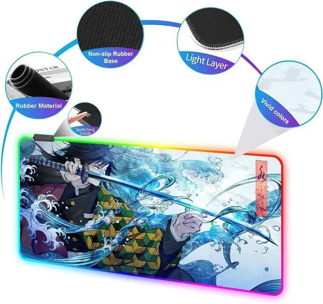 Alt view image 9 of 14 - RGB Large Gaming Mouse Pad Anime Giyu Sword Laptop Desk Pad Mousepad with Stitched Edge Frame & Non-Slip Rubber Base Computer Keyboard and Mice Pads Mouse Mat 31.5X15.7