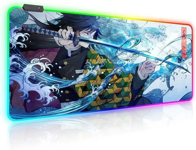 Alt view image 8 of 14 - RGB Large Gaming Mouse Pad Anime Giyu Sword Laptop Desk Pad Mousepad with Stitched Edge Frame & Non-Slip Rubber Base Computer Keyboard and Mice Pads Mouse Mat 31.5X15.7