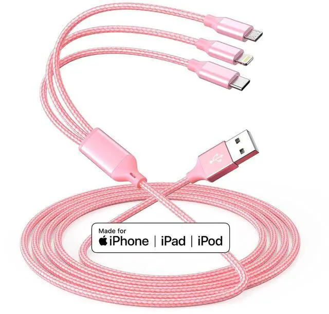 Alt view image 13 of 14 - Multiple Charger Cable 3Pack 4FT Multi Charging Cable Rapid Nylon Braided Cord USB Charging Cable 3 in 1 Multi Phone Charger Cord with Type C Micro Lightning USB Connectors for Cell Phones Pink
