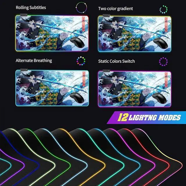 Alt view image 13 of 14 - RGB Large Gaming Mouse Pad Anime Giyu Sword Laptop Desk Pad Mousepad with Stitched Edge Frame & Non-Slip Rubber Base Computer Keyboard and Mice Pads Mouse Mat 31.5X15.7