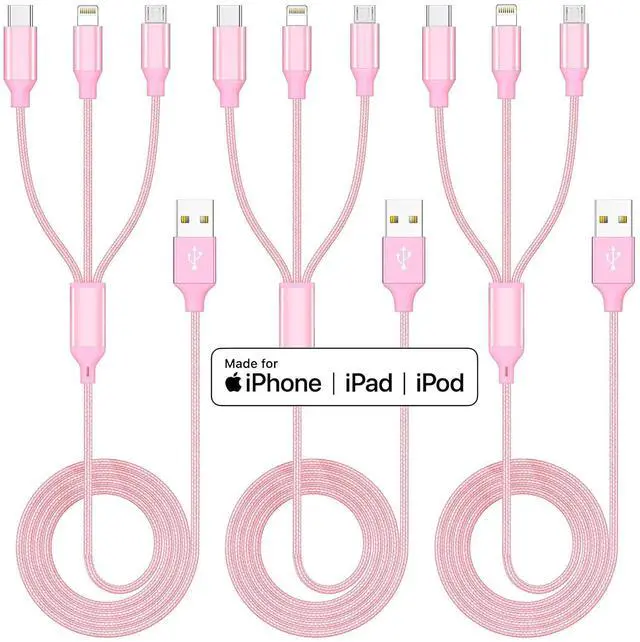 Alt view image 9 of 14 - Multiple Charger Cable 3Pack 4FT Multi Charging Cable Rapid Nylon Braided Cord USB Charging Cable 3 in 1 Multi Phone Charger Cord with Type C Micro Lightning USB Connectors for Cell Phones Pink