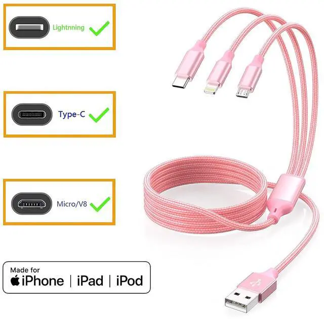 Alt view image 14 of 14 - Multiple Charger Cable 3Pack 4FT Multi Charging Cable Rapid Nylon Braided Cord USB Charging Cable 3 in 1 Multi Phone Charger Cord with Type C Micro Lightning USB Connectors for Cell Phones Pink