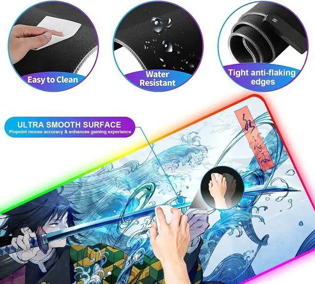 Alt view image 11 of 14 - RGB Large Gaming Mouse Pad Anime Giyu Sword Laptop Desk Pad Mousepad with Stitched Edge Frame & Non-Slip Rubber Base Computer Keyboard and Mice Pads Mouse Mat 31.5X15.7